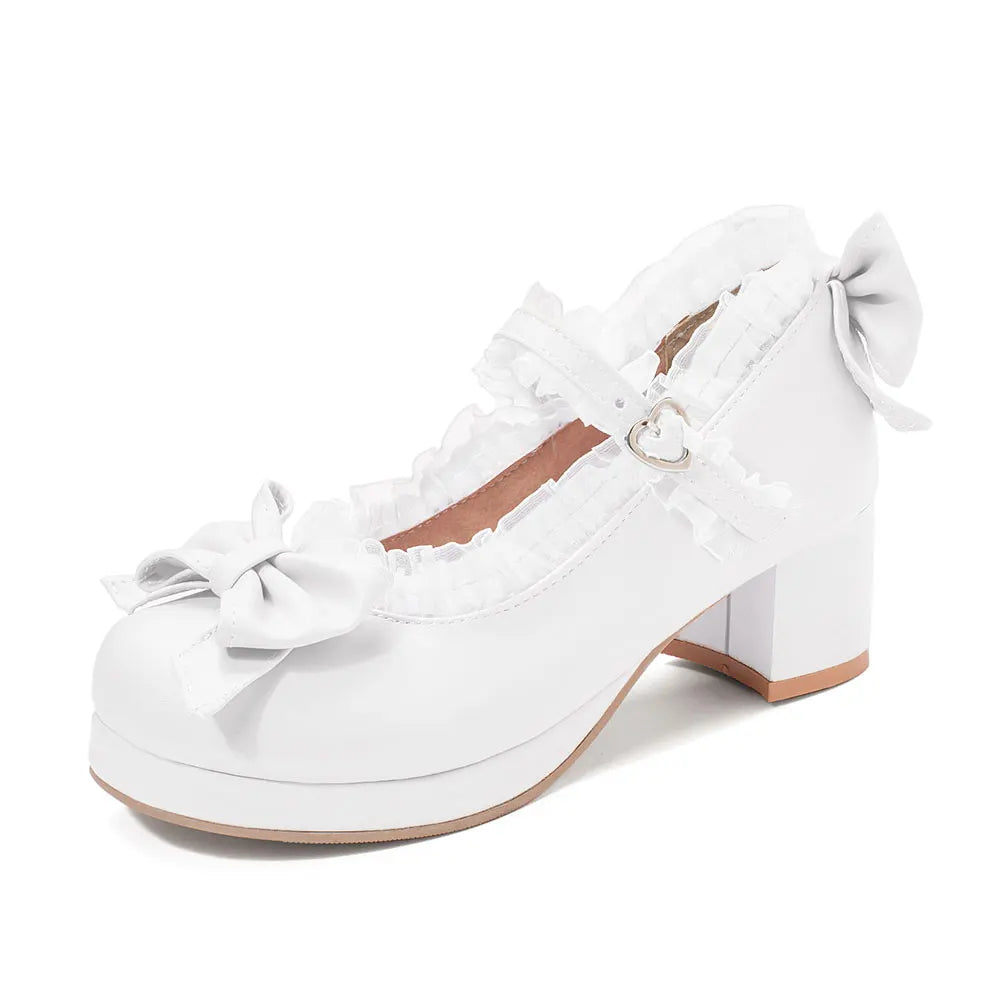 2025 Plus Size 30-48 Women's Candy Colors Mary Janes Pumps Bow Tie Ruffles Black Pink Platform Sweet Block Heels Lolita Shoes