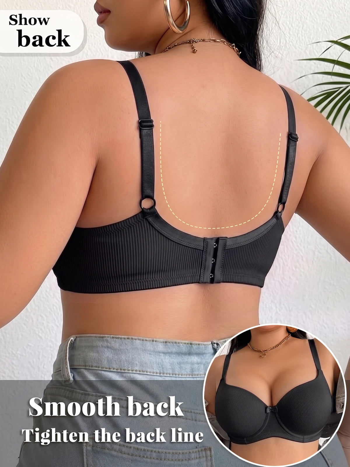 Plus Size Women's B C D Thin Cup Ribbed Push Up Bra Wide Straps Underwire Side gather Lingerie Comfort Ladies Brassiere