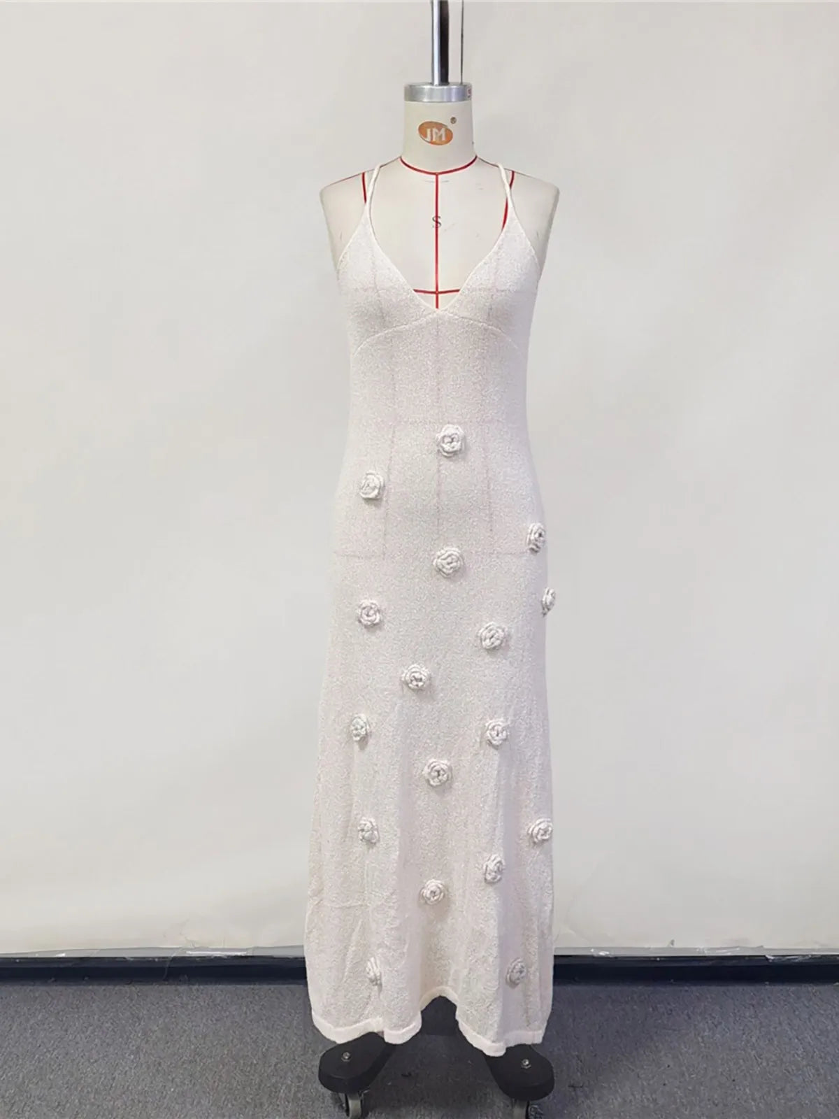 Elegant 3d Flower Knitted Dresses For Women V-neck Backless Sleeveless Lace Up Female Maxi Dress Summer Lady Beach Dress V6211