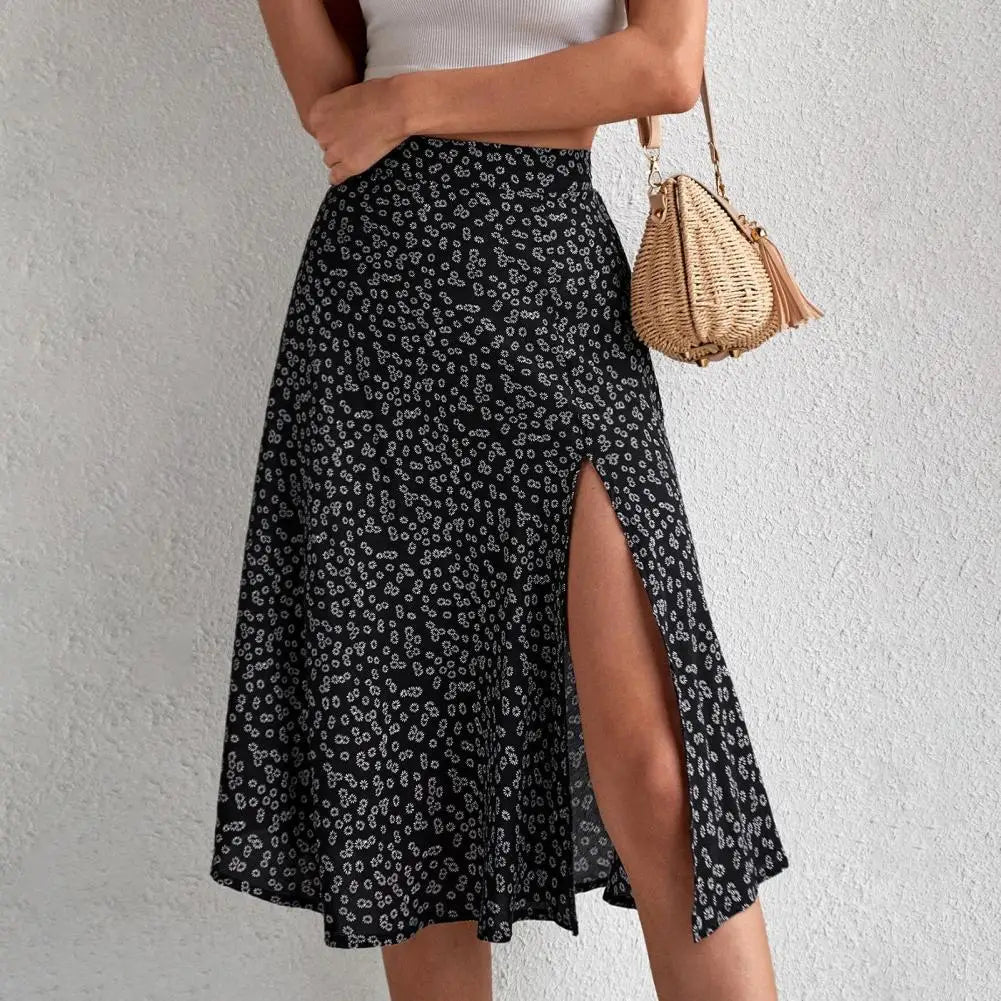 Women Summer Skirt Slit A-line High Waist Floral Print Loose Dress-up Elegant Breathable Lady Midi Skirt Female Clothes