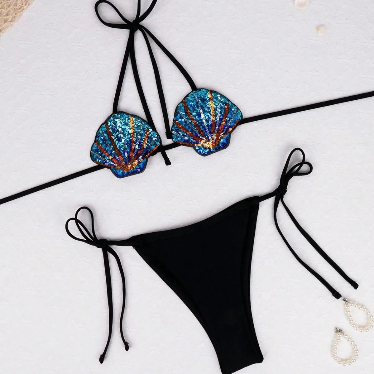 New Shiny Sequin Shell Starfish Bikini Set Women Sexy Push Up Pleate Thong Swimsuit Brazilian Beach Bathing Suit Micro Swimwear