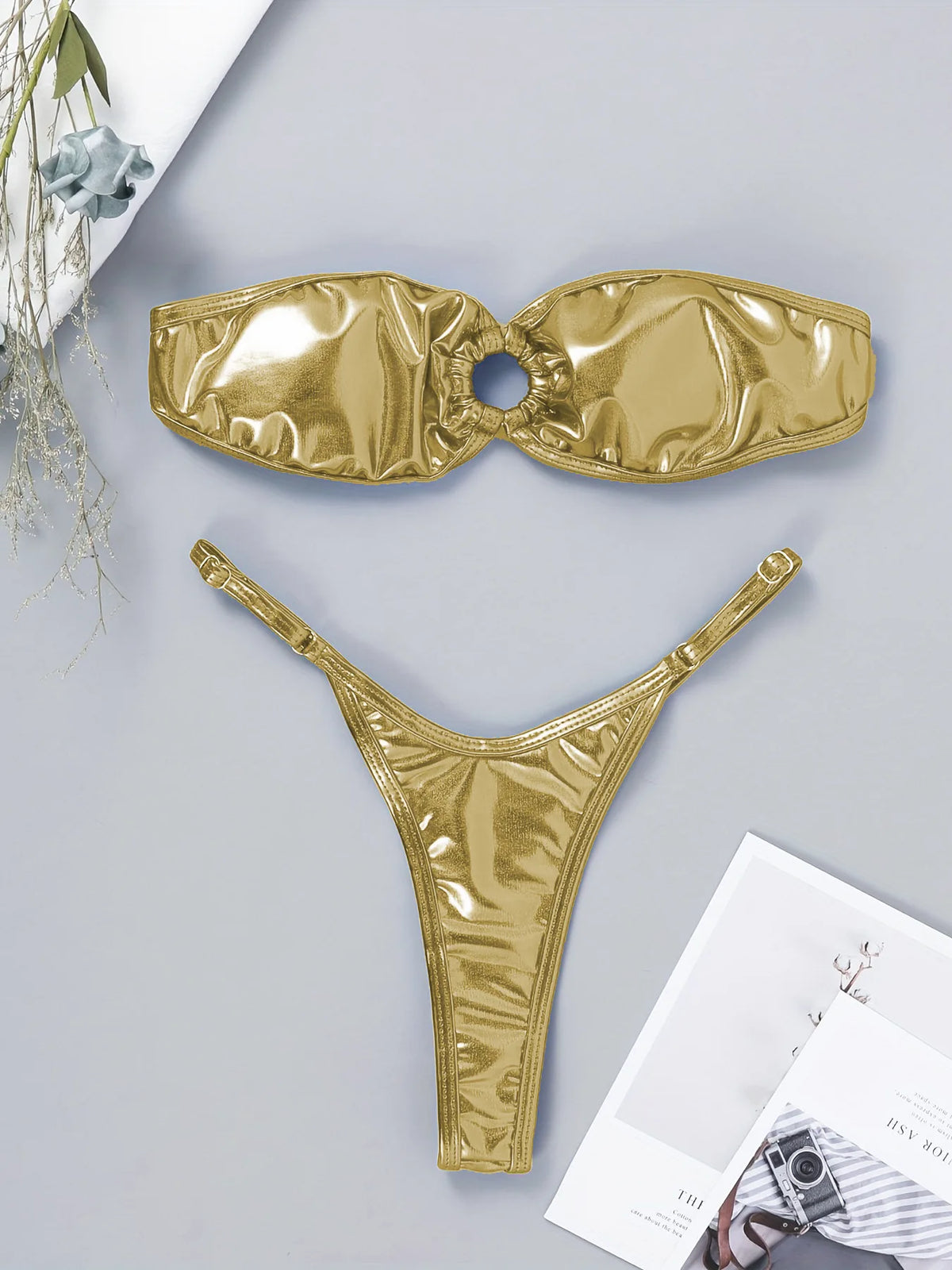 DEKA Sexy Shiny Gold Bandeau Bikini Set Women Ring Linked Hollow Out Push Up Bra Micro Swimsuit Bathing Suit Thong Swimwear