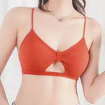 Front Hollow Out Ribbed Bralette Criss Cross Back Thin Straps Removable Chest Pads Wireless Bra Breathable Daily Underwear