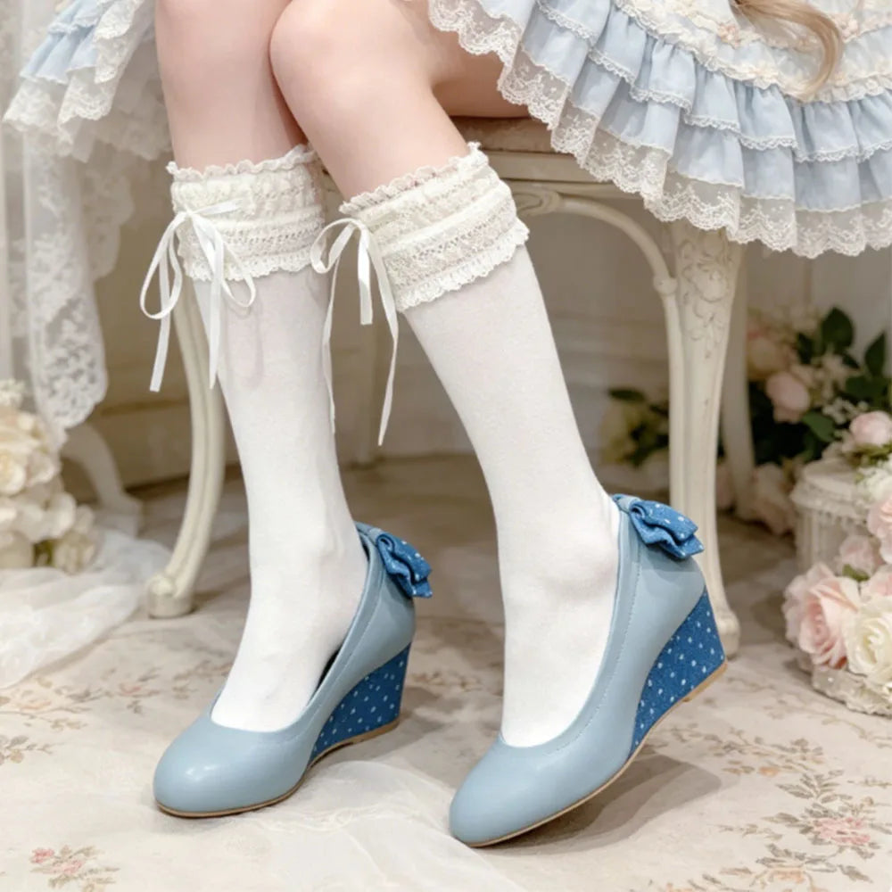 New High Heel Lolita Wedge Pumps Daily Floral Polka Dot Print Sweet Vintage Dress Heels Bow Tie Tea Party Cosplay Wedding Shoes