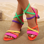 Big Size 43 Summer Mixed Color High Heels Cross-Strap Sandals Women Shoes Kitten Heels Festival Neon Vacation Dress Heels