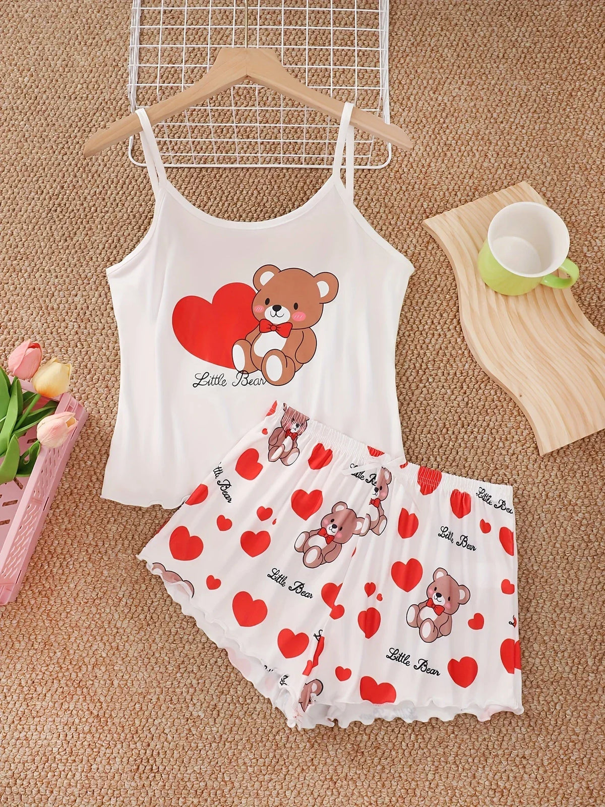 Cute Love Bear Printed Pajamas Set for Women's Sleepwear Loungewear Crop Tops and Shorts Home Wear Clothes