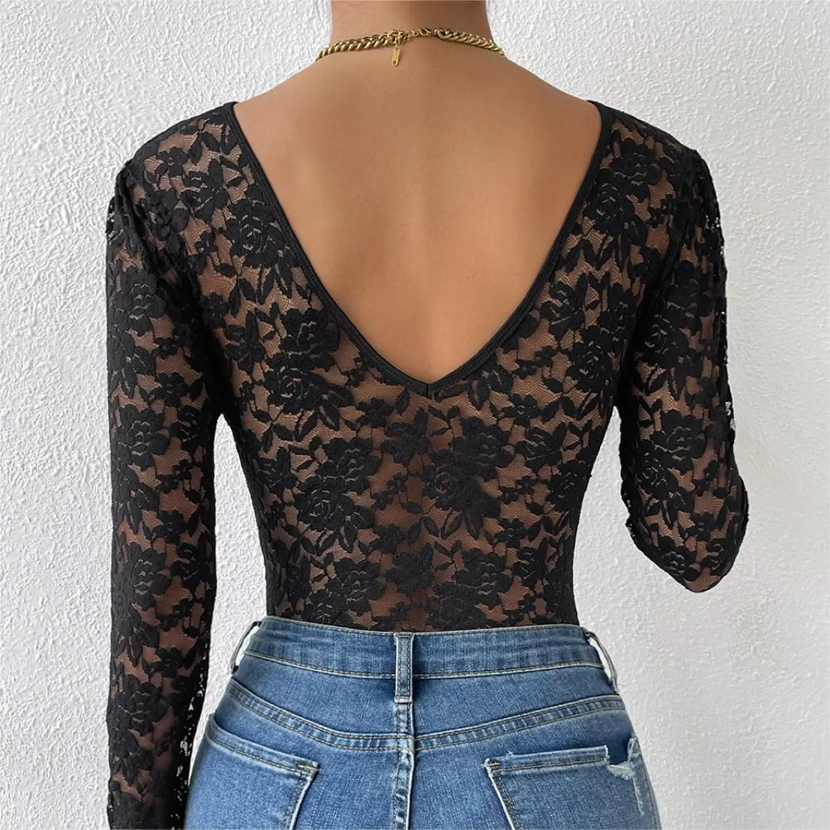 Sexy White Lace Bodysuit Women Solid Color Long Sleeve Sheer Corset Top Autumn Ruffles V Neck See Thourgh Slim Fit Jumpsuit