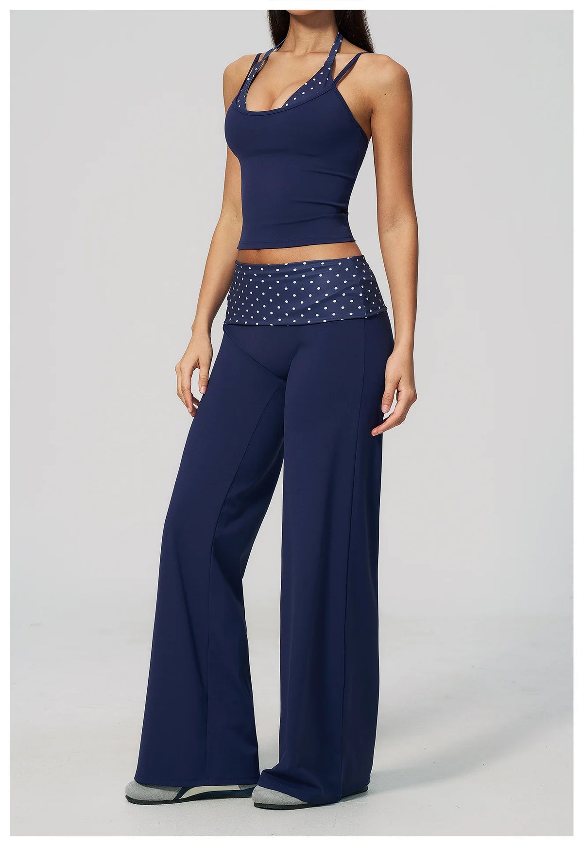 Women's 2 Piece Yoga Set Halter Neck Crop Top Fold Over Waist Wide Legged Flare Trousers Polka Dot Striped Gym Workout Running