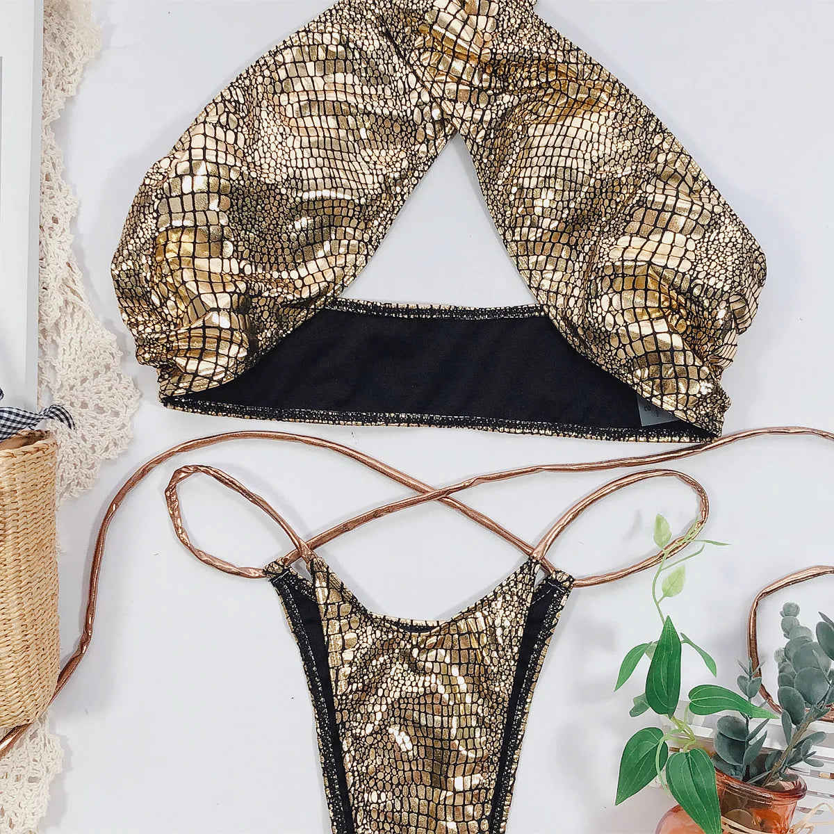 DEKA Women Cross Bandage Bikini Snake Swimsuit Bronzing String Swimwear Thong Extrem Micro Biquini Beach Outfit Bathing Suit