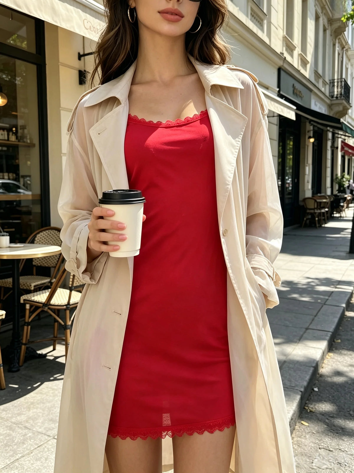 Sexy red spandex camisole with lace trim, women's casual home comfortable breathable pajamas that can be worn outside