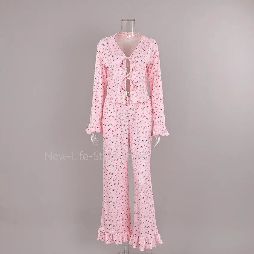 Printed Tie Ruffle Long Sleeve Soft Comfort Ladies Homewear Sleepwear Women 2026 Autumn Winter Knit Two Piece Pajama Set