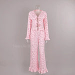 Printed Tie Ruffle Long Sleeve Soft Comfort Ladies Homewear Sleepwear Women 2026 Autumn Winter Knit Two Piece Pajama Set