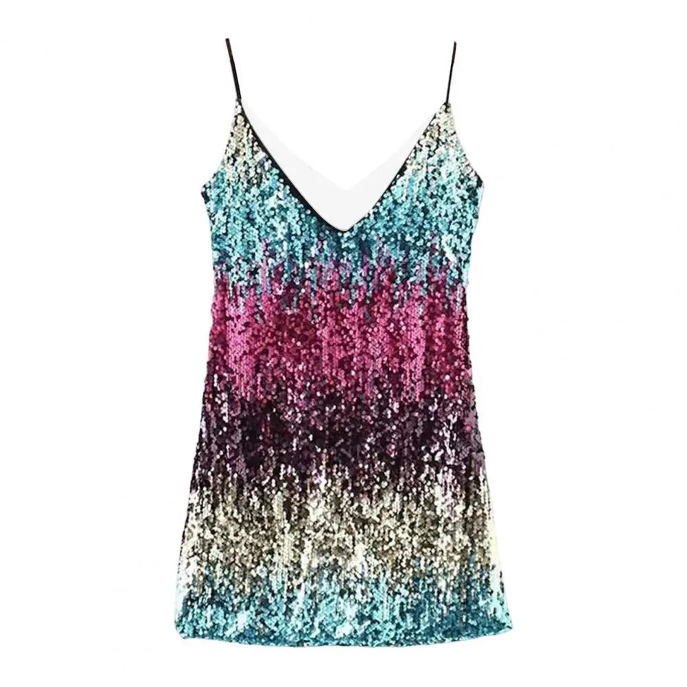 Deep V-Neck Sleeveless Sling Backless Hip Wrap Summer Dress Sexy Women Silver Color Sequins Mini Pencil Dress Club Wear