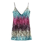 Deep V-Neck Sleeveless Sling Backless Hip Wrap Summer Dress Sexy Women Silver Color Sequins Mini Pencil Dress Club Wear
