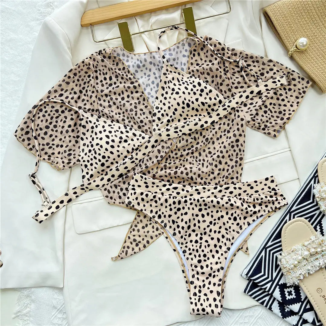 S - XXL Leopard Printed High Waist Bikini Female Swimsuit Women Swimwear Three-piece Bikini set Bather Bathing Suit Swim V2805SW