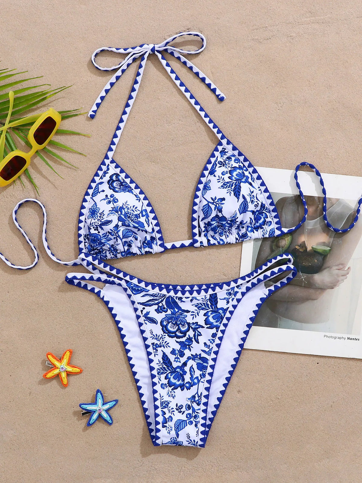 New Blue Floral Print Bikini Set Women Halter Push Up Bra Hollow Out Thong Swimsuit 2026 Summer Bathing Suit Holiday Swimwear