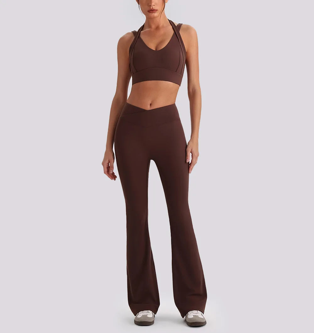 Women's Yoga Exercise Sets Women Backless Sports Tank Top V Shape High Waist Wide Leg Pants Fitness Gym Running Workout Clothes
