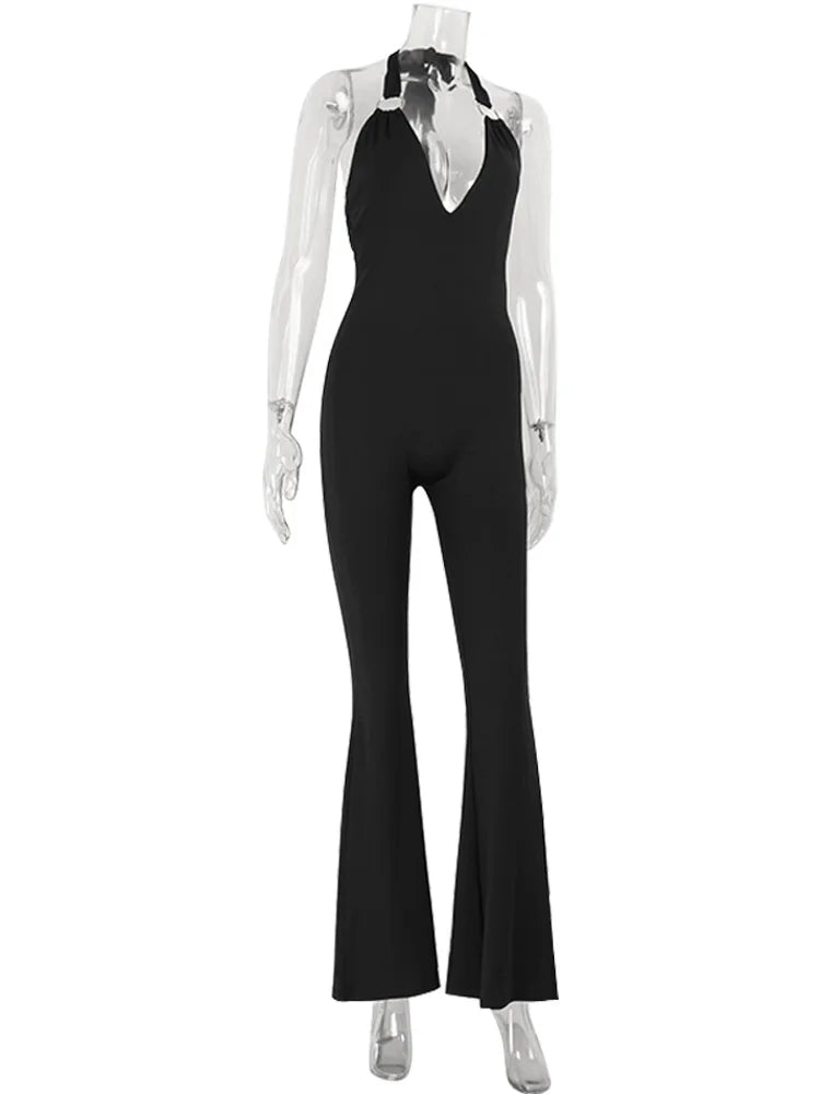 Ahagaga Sexy Women Jumpsuits Solid Halter Deep V-Neck Sheath Club Casual Streetwear Bandage High End Backless Sleeveless Rompers