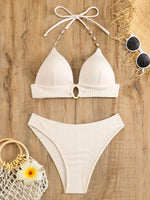 Push Up Ribbed Halter Bra Cup Bikini Female Swimsuit Women Swimwear Three-pieces Bikini Set Diamond Link Bathing Suit Swim Lady