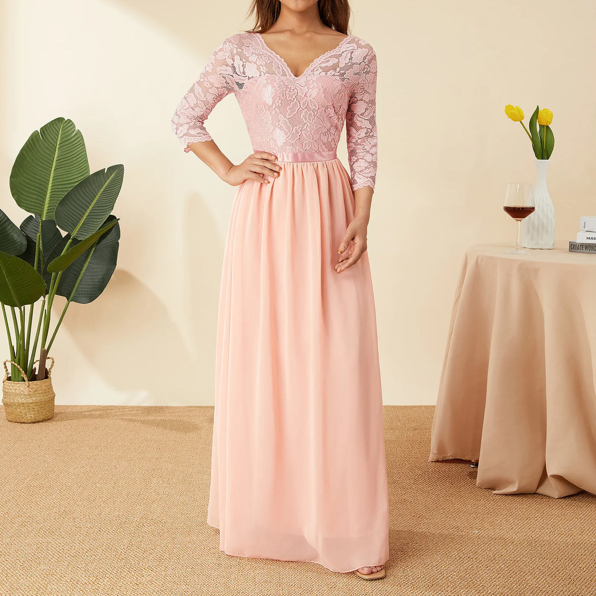 Elegant Lace Chiffon A-Line Long Dresses Women Wedding Dress Bridesmaid Dresses V-neck Mid-Sleeve Backless Zipper Female Dress