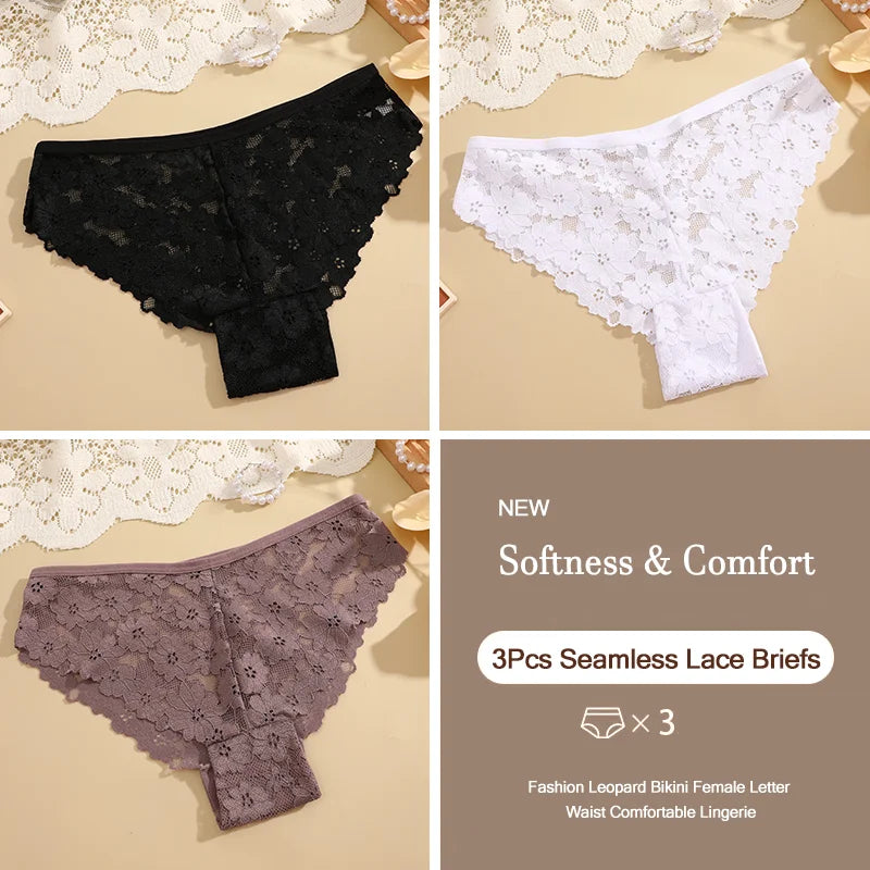 3Pcs Lace Sexy Transparent Panty Women's Panties Sexy Breathable Pink-Brown Series Underwear Female Low Waist Soild Lingerie