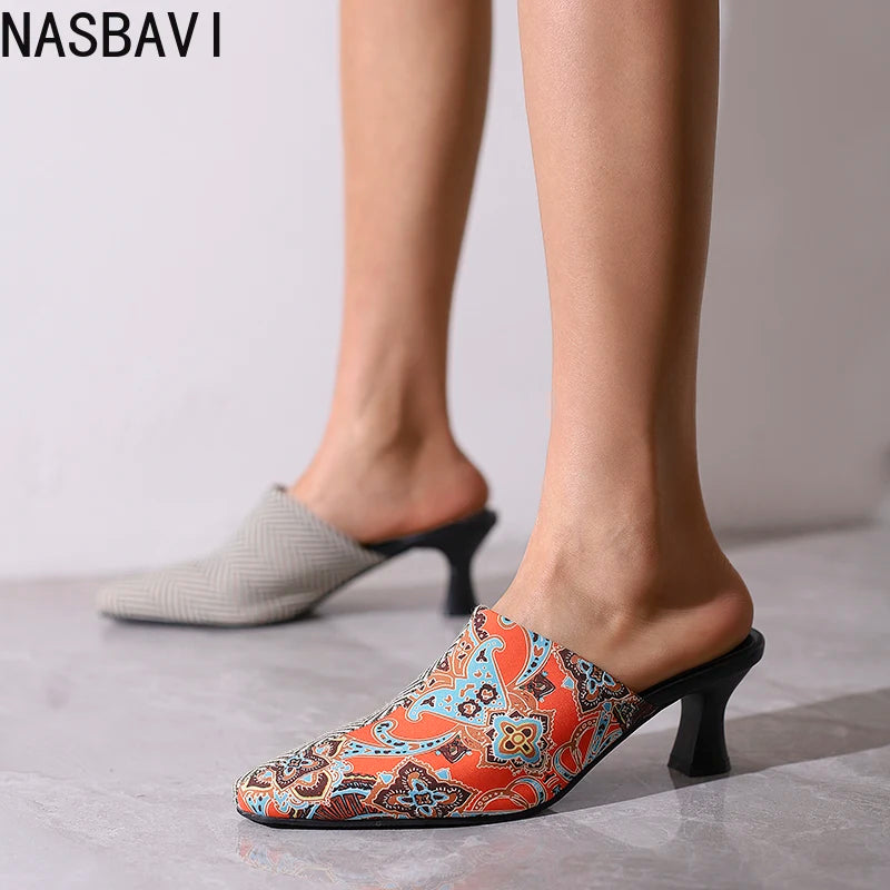 NASBAVI New Breathable Hollow Slippers Stone Pattern Leather Pumps Women Chunky Heels Mules Black Dress Shoes Big Size 45 46 47