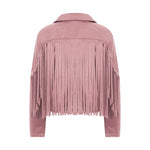 Women Spring Autumn Slim Long Sleeve Open Front Coat Solid Color Collared Jacket with Tassels Black/ Coffee/ Pink