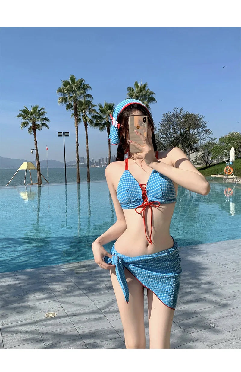 New Blue Plaid Bikini Set Cute Sea Vacation Four-Piece Suit Separate Design High Quality Girls Pure Desire Cross-Border Item