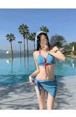 New Blue Plaid Bikini Set Cute Sea Vacation Four-Piece Suit Separate Design High Quality Girls Pure Desire Cross-Border Item