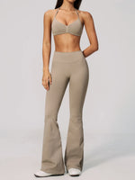 Summer Fitness Suit Women Seamless Hanging Neck Pleate Sports Bra Yoga Sets High Waist Wide Leg Leggings Running Athletic Wear