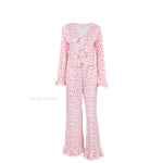 Women European Autumn Winter Knit Pajama Set Hollow Print Tie Top Ruffle Long Pants Two Piece Ladies Homewear Sleepwear