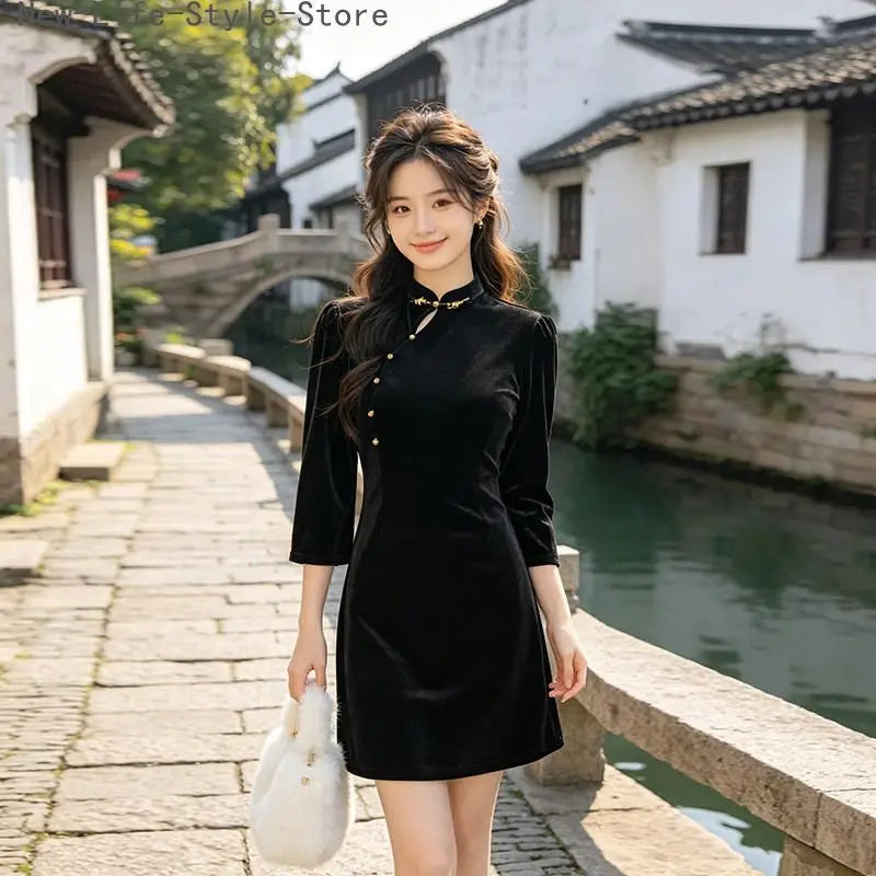 Black New Chinese Style Improved Qipao Dress Long Sleeve Short Cheongsam Retro Elegant Women Dress for Party Banquet Daily