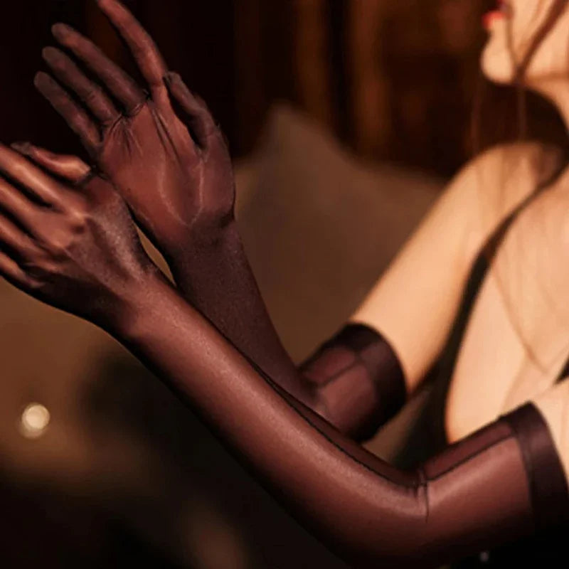 Ultrathin Sunscreen Driving Gloves Sexy Lace Oil Shiny Gloves for Women See Through Elastic Gloves Luxury Candy Color