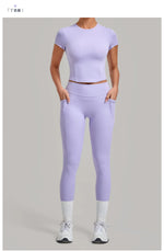 Women Tracksuit Yoga Sets Short Sleeve Slim Sports T Shirts Workout Clothes Outdoor Tight High Waist Pocket Pants Fitness Suits