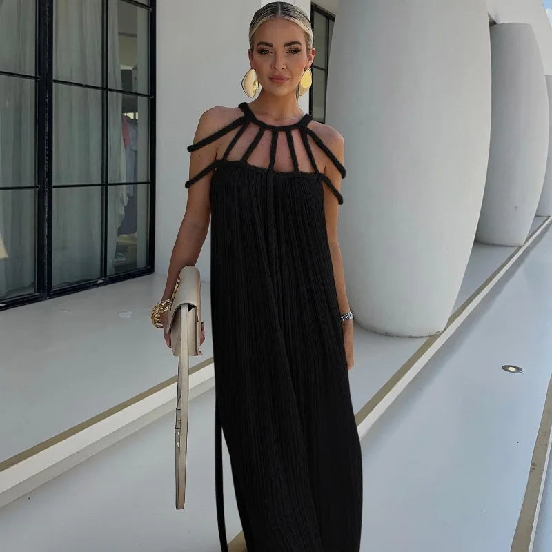 Summer Sleeveless Party Dress, Women Loungewear O-Neck Hollow Out Party Dress, Solid Color Patchwork Beach Style Ladies Dress