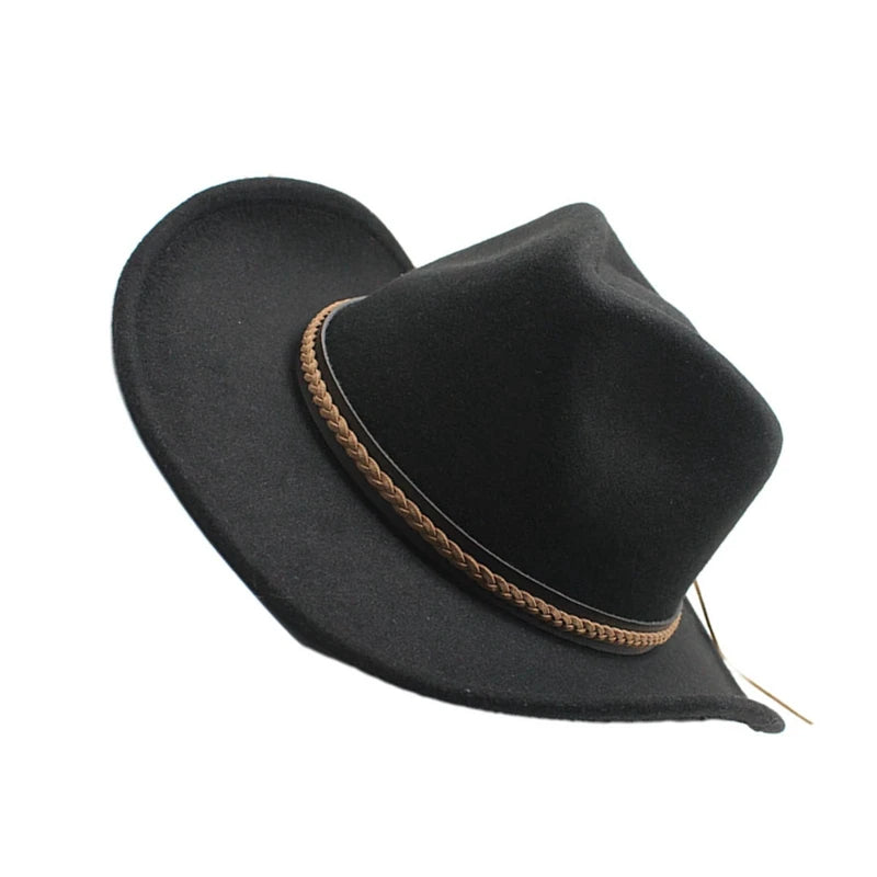 Women Men Retro Felt Jazz Hats Classic Cowboy Hats Wide Brim Cowgirl Sun Hats with Decorative Band