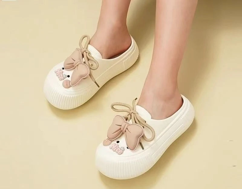 2025 New Slippers DIY Bow Platform Sandals for Women Summer Thick Sole Beach Slides Woman Flowers Non Slip Clogs Garden Shoes