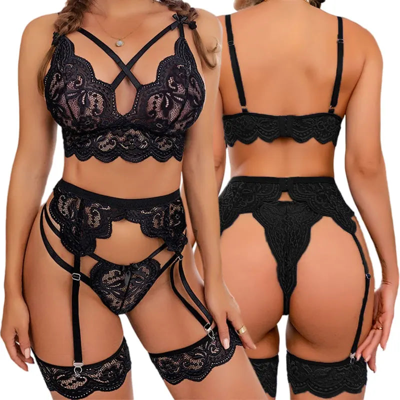 Lace Thong And Garter Underwear Transparent Bra Sexy Underpants 4-piece Sets Of Women Lingeries Panties Luxury Suit Breathable