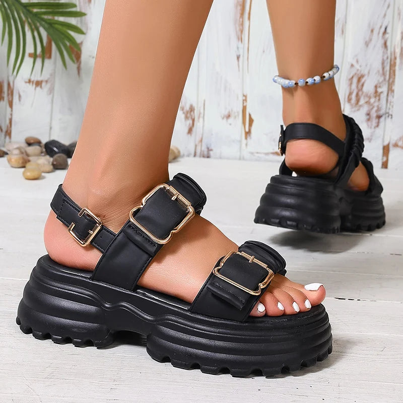 Fashion Buckle Platform Sandals Women 2026 Summer Pleated Pu Leather Rome Sandals Woman Plus Size 42 Thick Bottom Sandalias