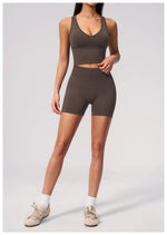 Seamless Gym Yoga Sets Women Breathable I-shaped Shock-absorbing Slim Sports Tank Top High Waist Shorts Training Fitness Suit
