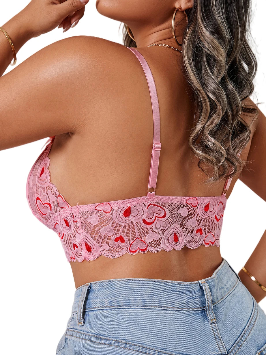 Women's Sexy Lace Open Bra Suit Solid Set Beautiful Back Hollow Out No Steel Ring Underwear Transparent Heart Pullover Outfit