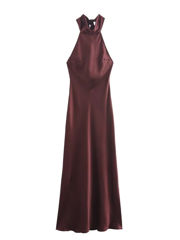 Elegant Solid Color Satin Halter Lace Up Long Dress Sexy Off Shoulder Backless Sleeveless Bodycon Dresses New Lady Party Robe