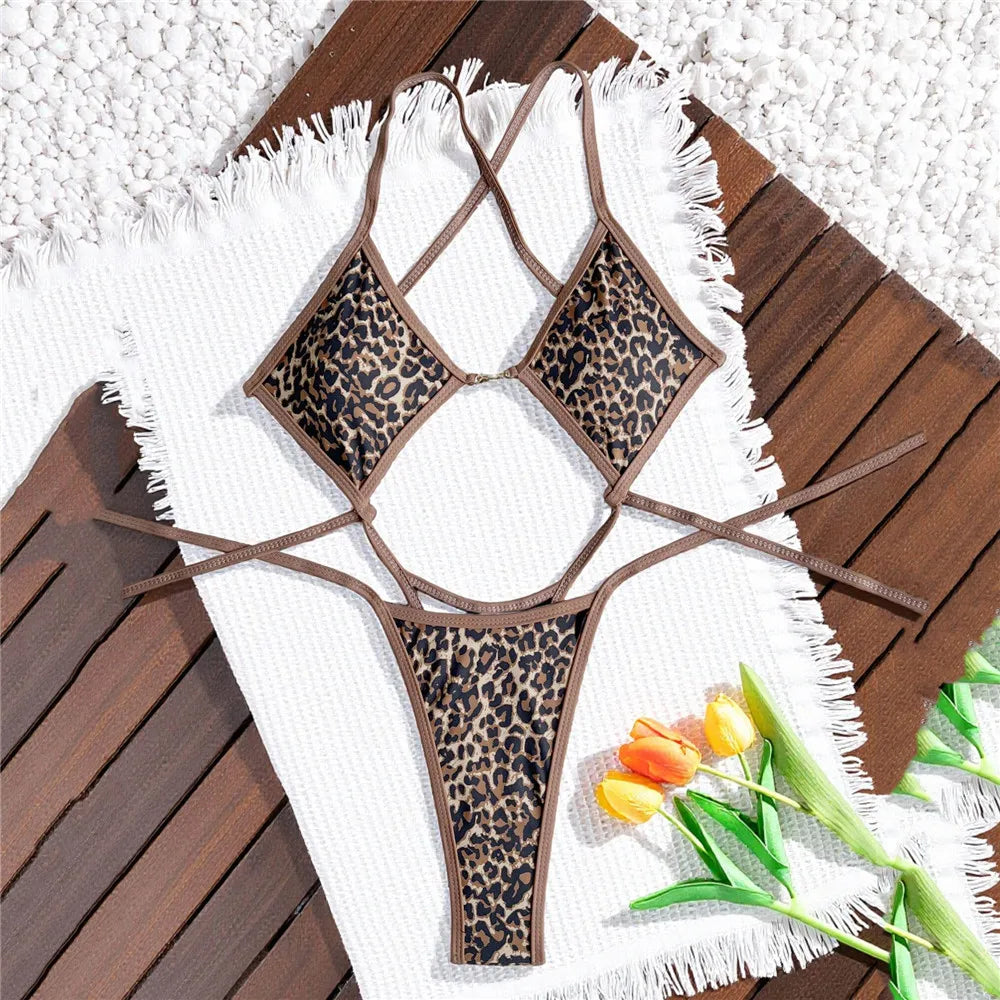 Leopard Print One Piece Swimsuits for Women String Lace-up Triangle Bikini Swimwear 2026 Hollow Out Monokini Bathing Suit Summer