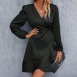 Smooth Satin Ruffle Trim Dress Women Mini Dress V-Neck Lantern Long Sleeve Side Lace-up Dress Solid Color