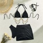 Shiny Pink String Halter Triangle 3 Piece High Waisted Bikini Set Swimwear Skirt Cover Up Rhinestone Chaining Swimsuit Beachwear
