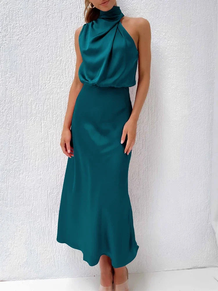 Foridol One Shoulder Turtleneck Tank Satin Women Party Dress Robe Zip Sleeveless Elegant Vintage Folds Women Clothing 2025