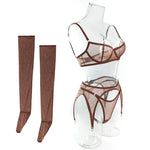 Toucheart Erotic Lingerie Comfortable Mesh Sexy Body Shaping Ultra-thin See-through Sexy Underwear Four-piece Set with Stockings