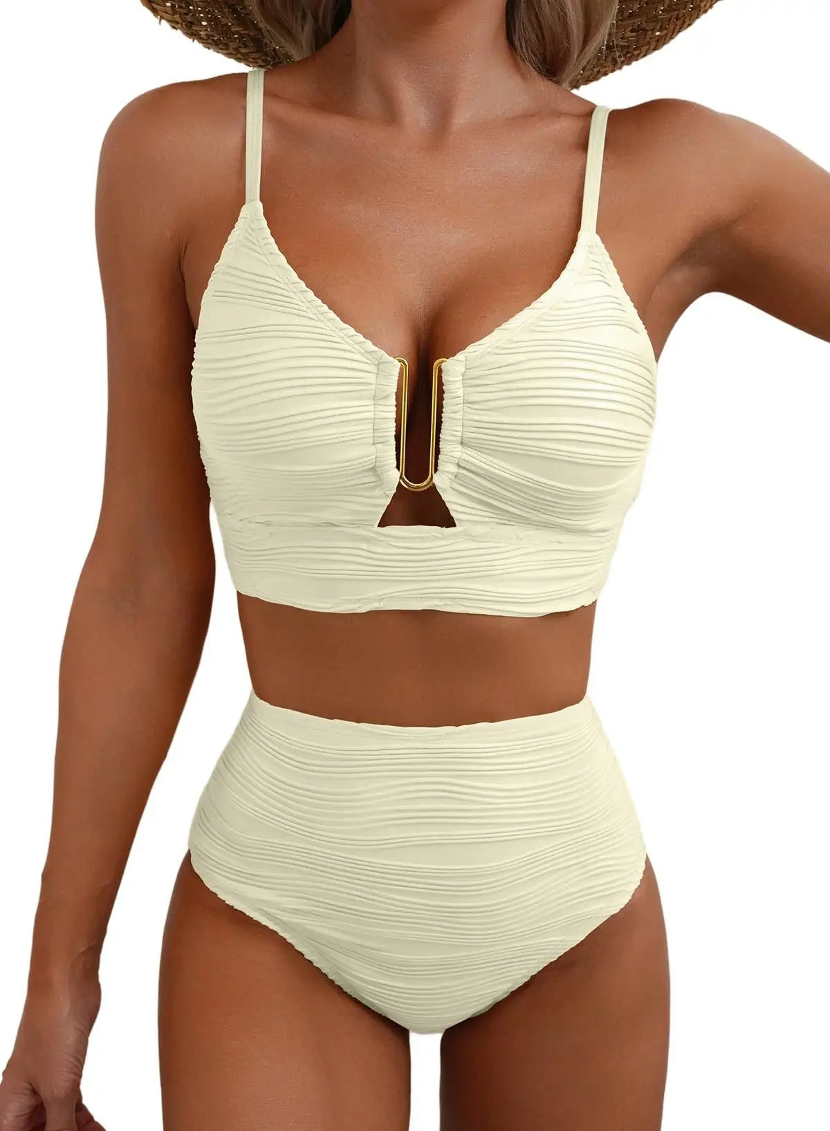 Women's New Swimsuit Bikini Set Fashion Sexy V-neck Hollow Swimsuit High Waist Textured Ruffled Swimsuit Women's Bikini Women