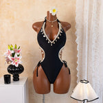 DEKA Sexy Black Shell Starfish Ornament One Piece Swimsuit Women Deep V Neck Hollow Out Backless Bathing Suit Holiday Swimwear