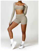Hearuisavy Summer 2PCS Long Sleeve Gym Set Women Yoga Clothes Quick-Drying Sportswear Running Leggings Workout Sports Crop Top